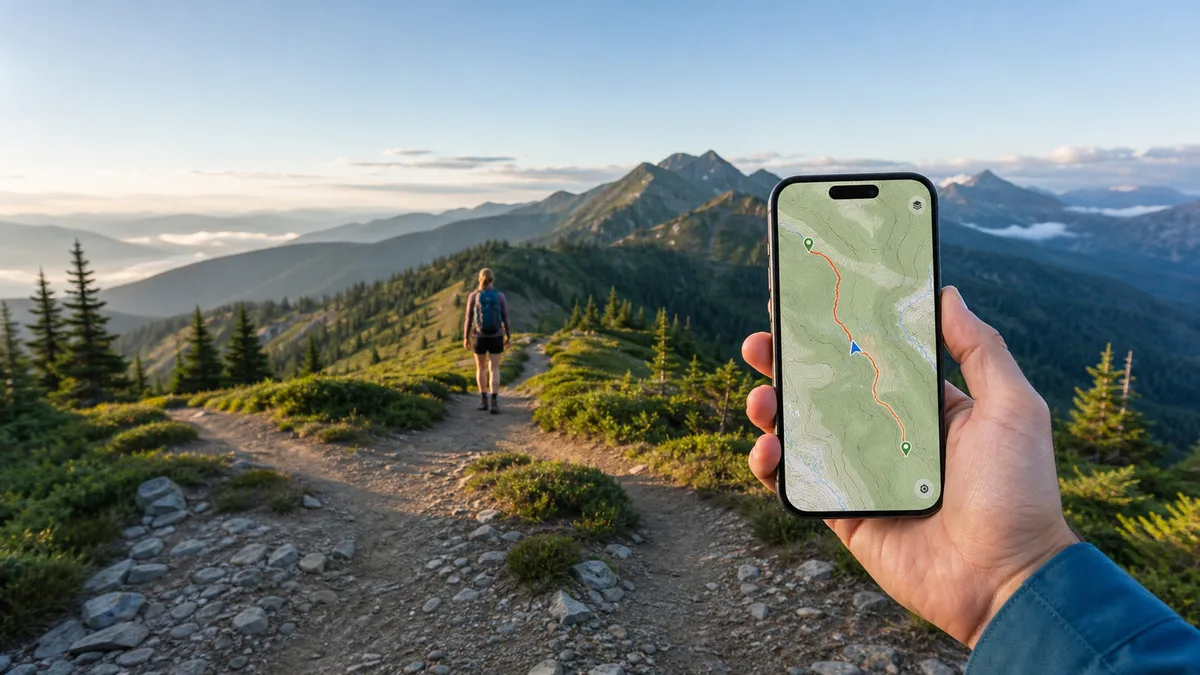Hiker navigating a mountain trail with an offline topographic map on a phone