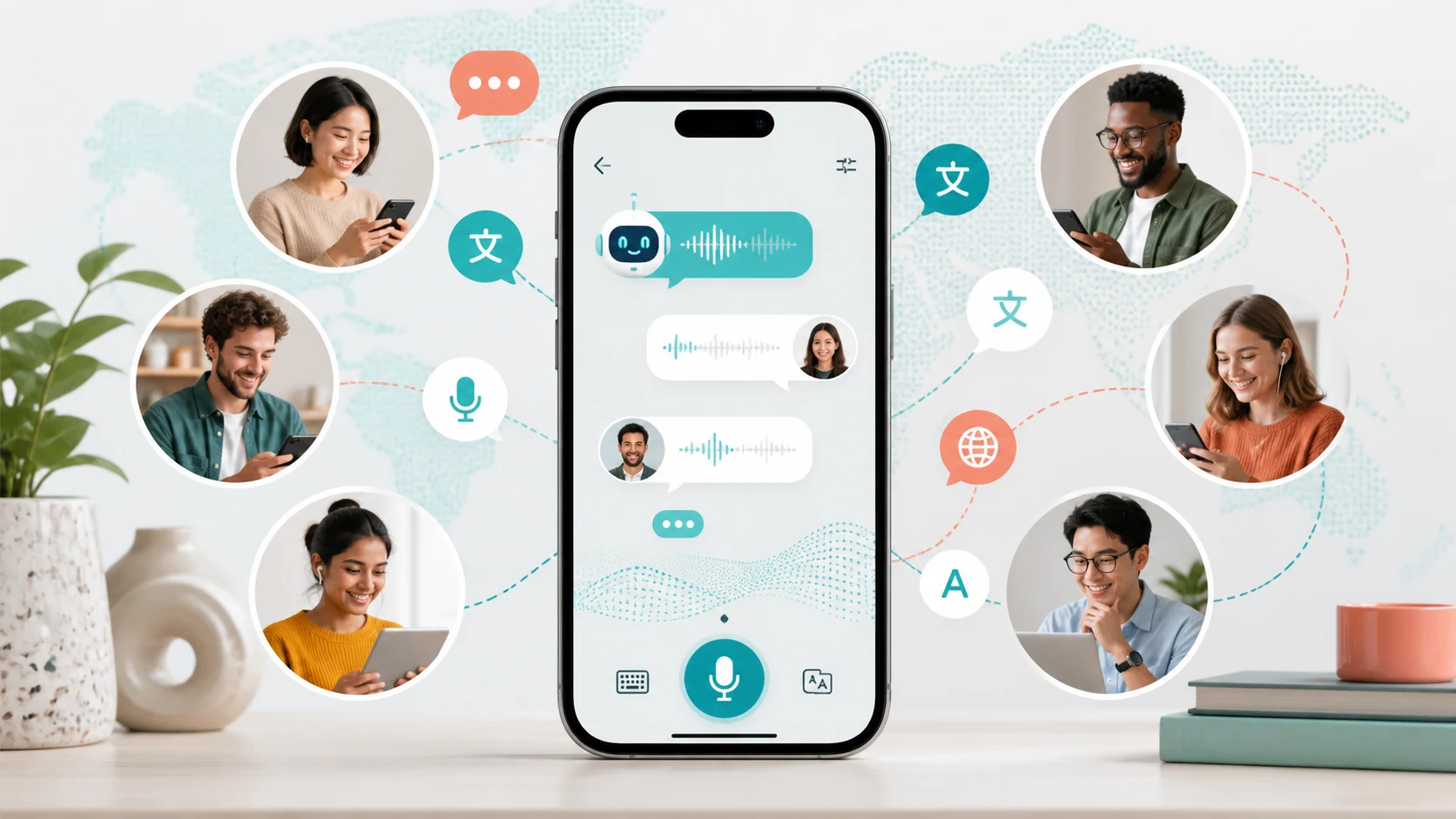 AI language learning app conversation shown on a smartphone with speech and translation cues